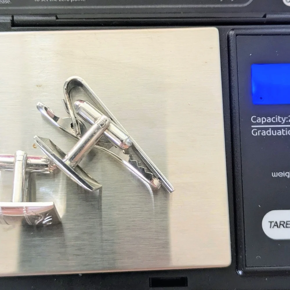 Elegant VINTAGE P&K STERLING SILVER Etched CUFFLINKS & TIE CLIP SET 17.89 Gr.